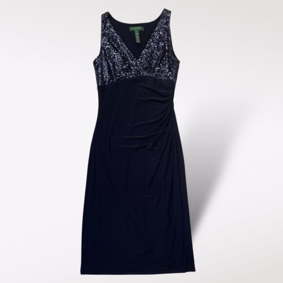 Ralph Lauren Women’s Navy Sequined V-Neck Midi Sheath Dress Size 2 Party Gala - Picture 1 of 5